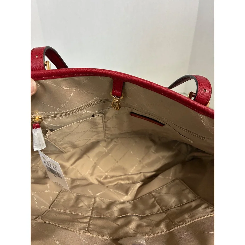 Michael Kors Brown Red Logo Tote Bag Gold‎ Hardware Saffiano Trim Large New
